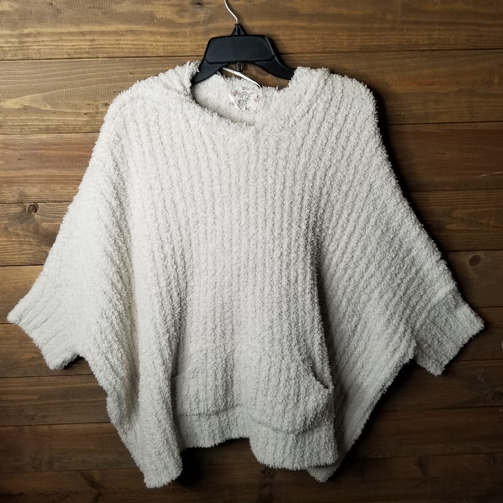 Hippie Rose Soft Oversize Boxie SlouchedFuzzy Sweater Hoodie Poncho Cream Sz M/L